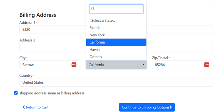 Portal Connector Checkout widget with a custom dropdown for State or Province