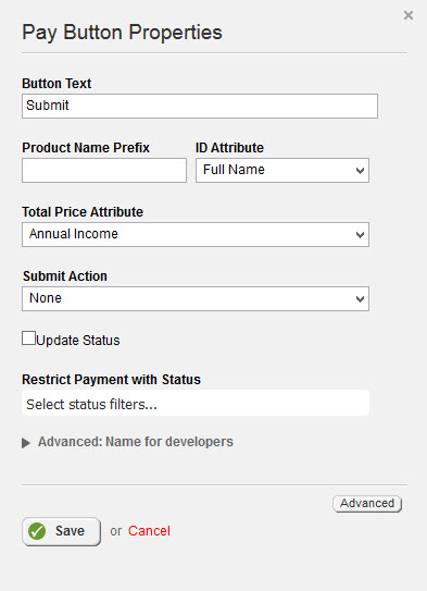 CRM Pay Button Properties