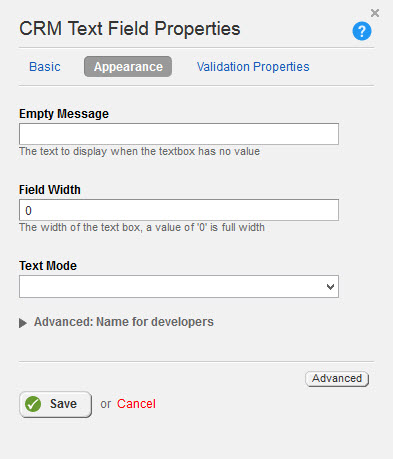 CRM Text Field Appearance Properties 3.3
