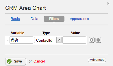 CRM Area Chart Filter Properties